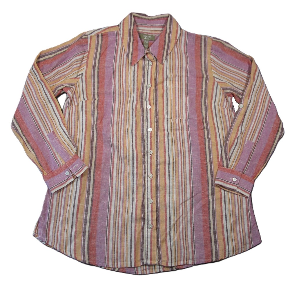 Naturals D&Co Linen Blend Shirt Womens SP Pink Striped Roll Tab Soft Preppy Boho